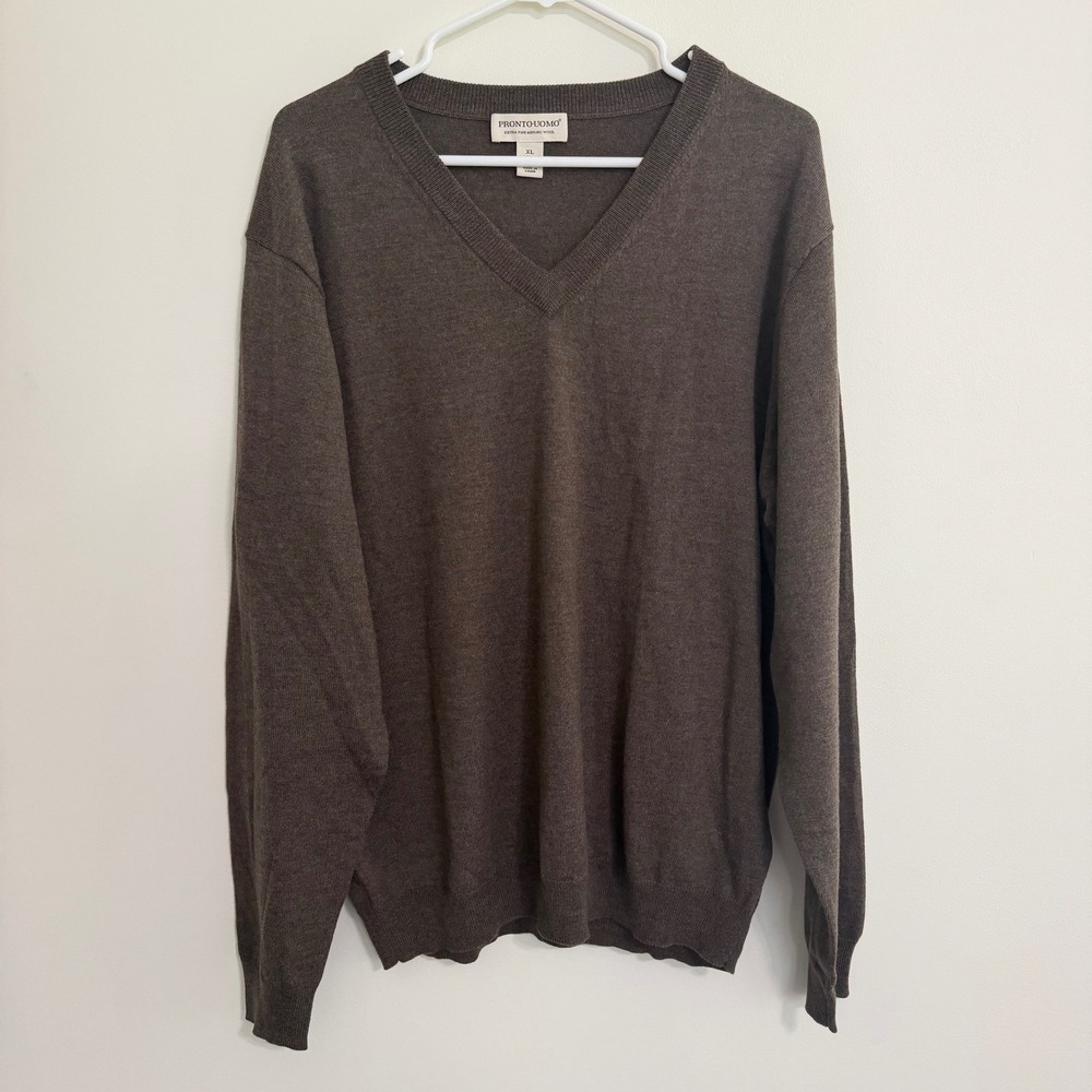 100% Merino Wool Brown Mens V-Neck Sweater Size XL Pronto Uomo